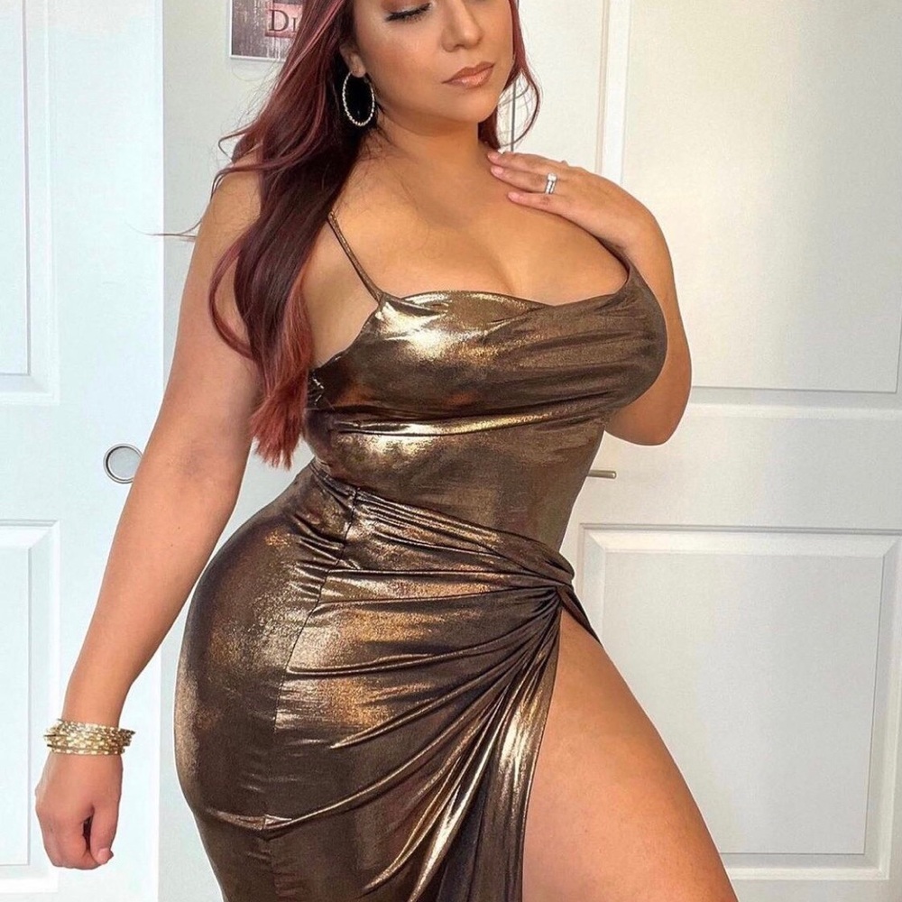 stunning 2 piece shapely Bronze Metallic midi.